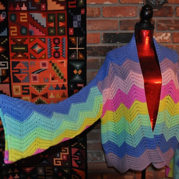 Davi & Dani Rainbow Zig-Zag Stripe Knit Open Cardigan Bell Sleeve L - Picture 2 of 8